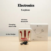 Red Wireless Bluetooth earphones with charging cable and box